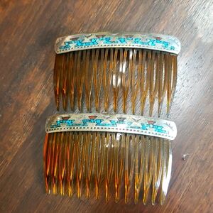 Beautiful set of turquoise and coral sterling silver hair combs by Joleen Yazzie